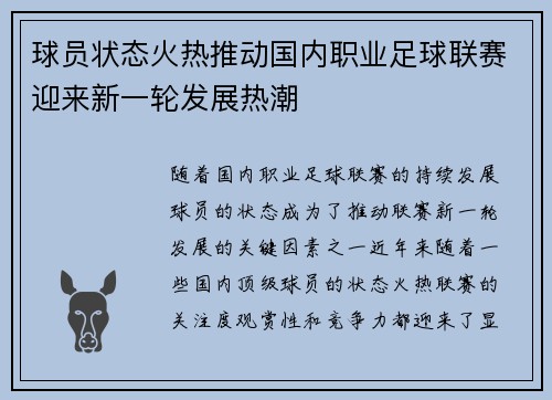 球员状态火热推动国内职业足球联赛迎来新一轮发展热潮