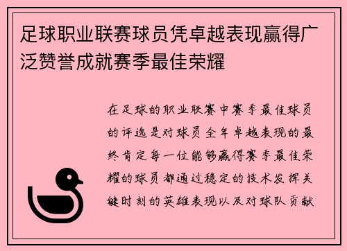 足球职业联赛球员凭卓越表现赢得广泛赞誉成就赛季最佳荣耀