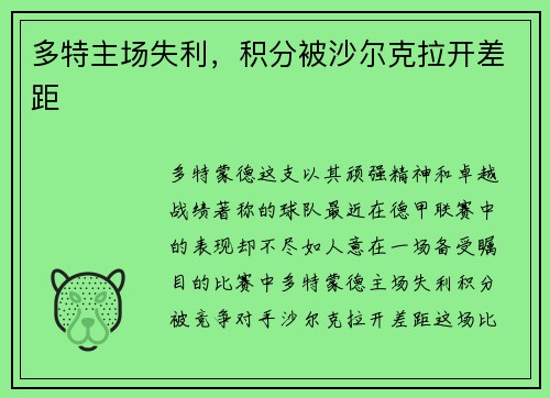 多特主场失利，积分被沙尔克拉开差距