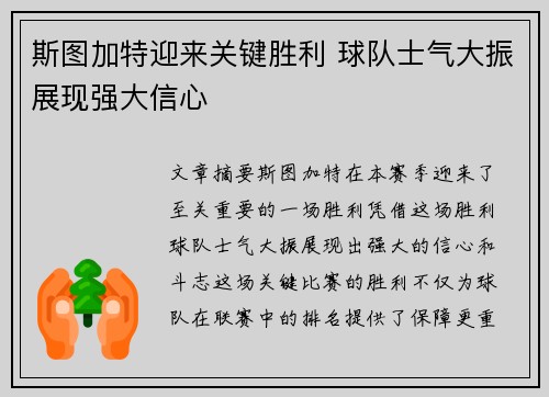 斯图加特迎来关键胜利 球队士气大振展现强大信心