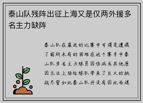 泰山队残阵出征上海又是仅两外援多名主力缺阵