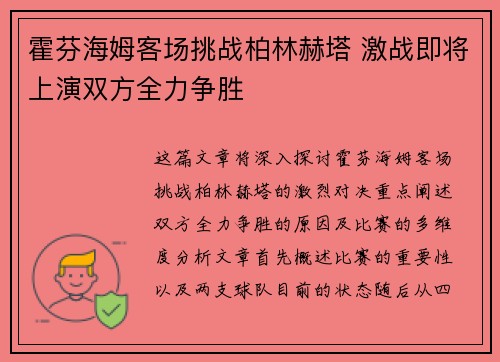霍芬海姆客场挑战柏林赫塔 激战即将上演双方全力争胜
