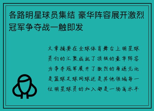 各路明星球员集结 豪华阵容展开激烈冠军争夺战一触即发