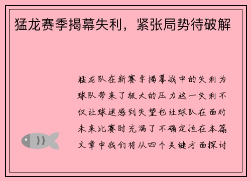 猛龙赛季揭幕失利，紧张局势待破解