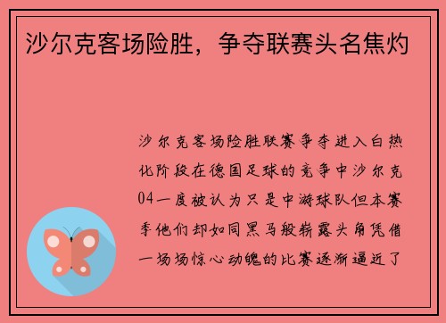 沙尔克客场险胜，争夺联赛头名焦灼
