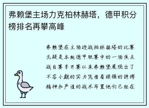 弗赖堡主场力克柏林赫塔，德甲积分榜排名再攀高峰