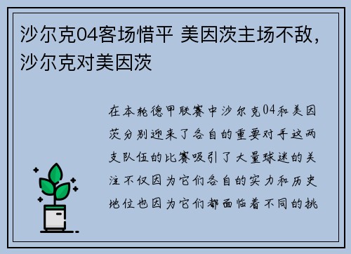 沙尔克04客场惜平 美因茨主场不敌，沙尔克对美因茨