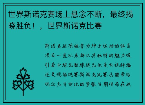 世界斯诺克赛场上悬念不断，最终揭晓胜负！，世界斯诺克比赛