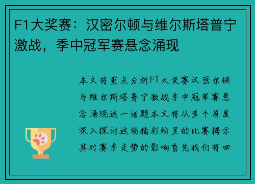 F1大奖赛：汉密尔顿与维尔斯塔普宁激战，季中冠军赛悬念涌现