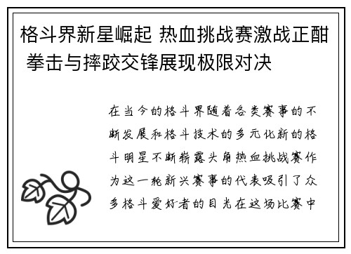 格斗界新星崛起 热血挑战赛激战正酣 拳击与摔跤交锋展现极限对决
